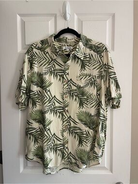 Joe Marlin Ivory Coast Leaf-Print Casual Button-Down Shirt - Green/White Size L